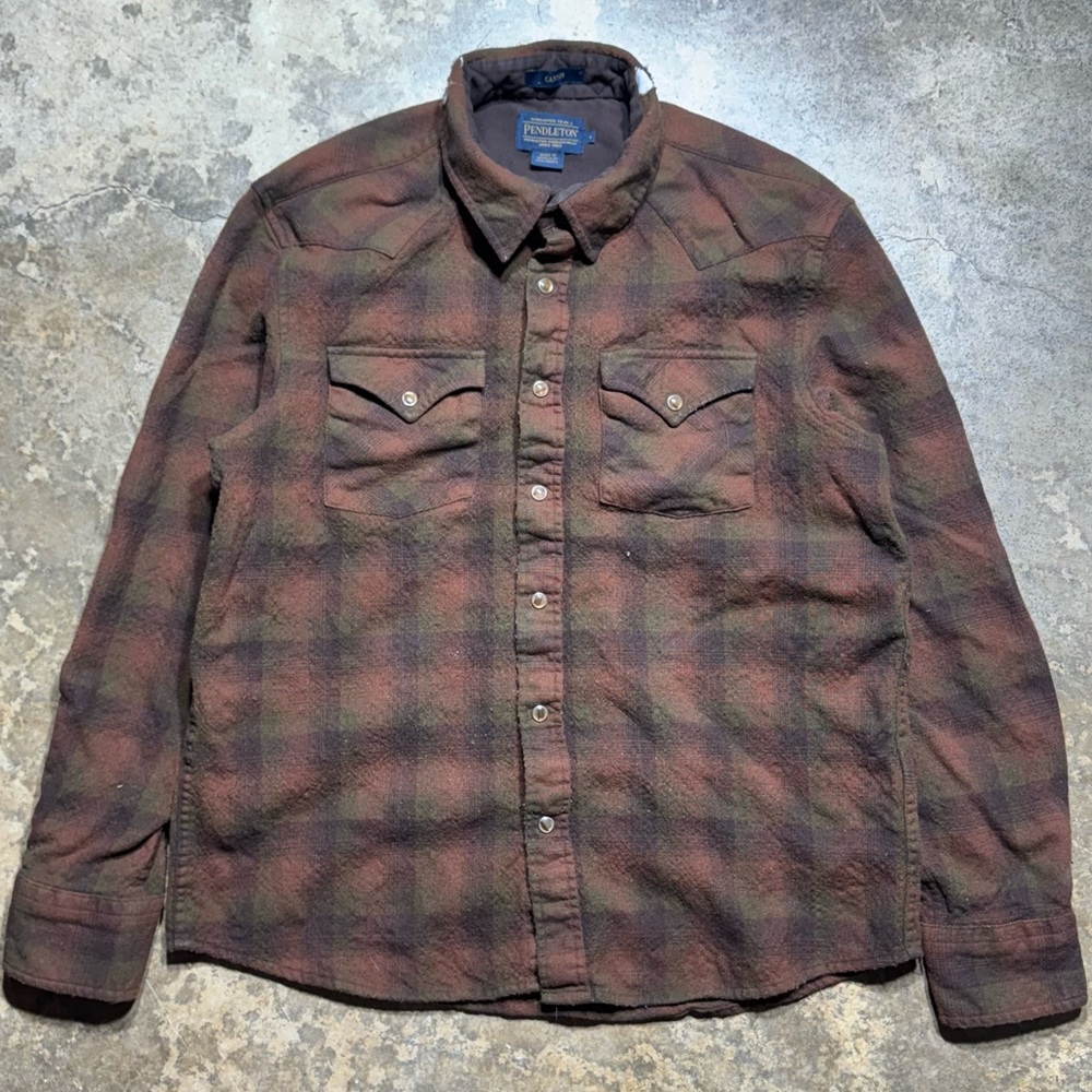Pendleton Canyon Wool Shirt – Brown Plaid, Men’s Large (Distressed)